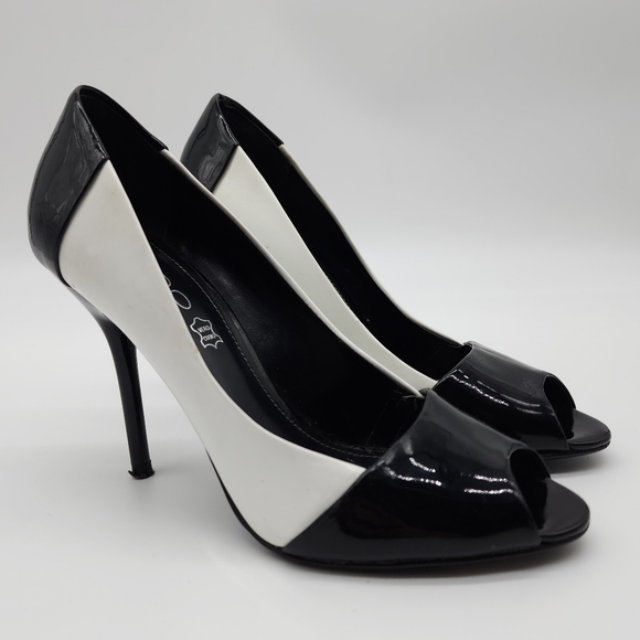 Aus6/ 37 Aldo Black and White Patent Leather Open Toe Heels Shoes - Picture 14 of 16